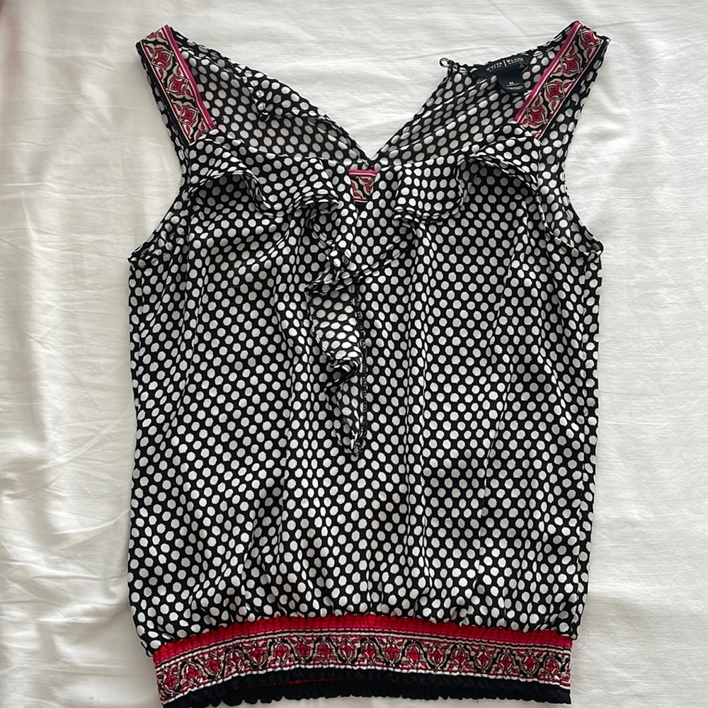 Black and White Polka dot Blouse with ruffles and hot pink details